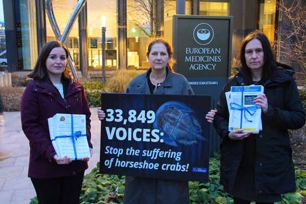 Unterschriftenübergabe gegen die Verwendung von Pfeilschwanzkrebsblut für den LAL-Test